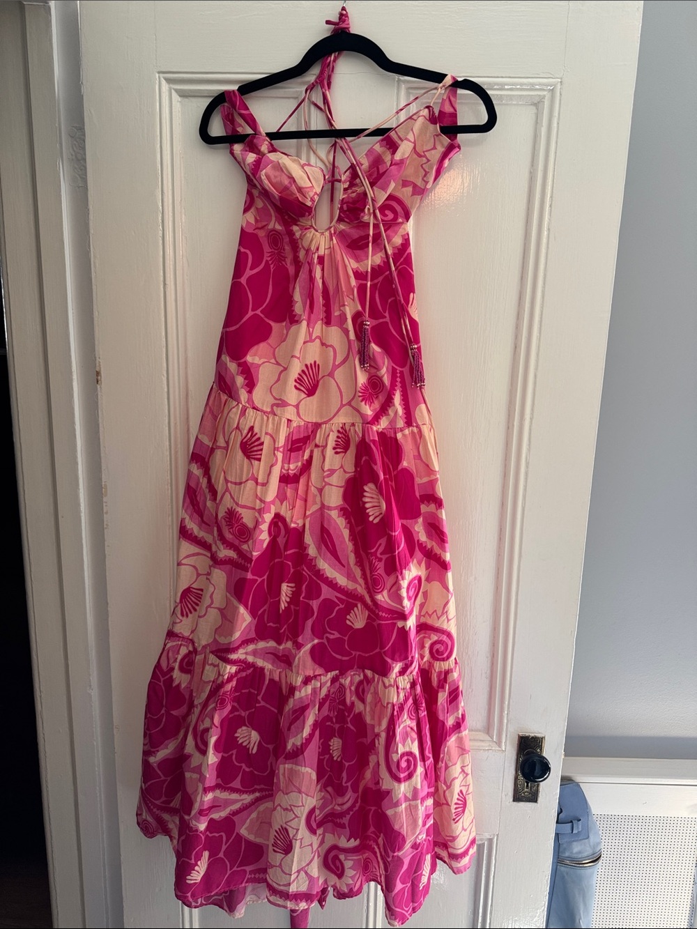 FARM Rio Pink and Cream Floral Backless Tiered Sundress